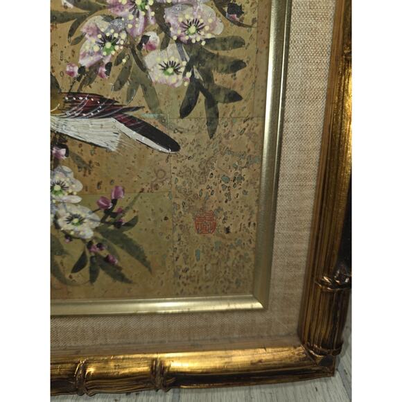 Vtg Asian Chinese Painting Cork Paper Bird Flowers Professionally Framed Signed - Picture 2 of 9